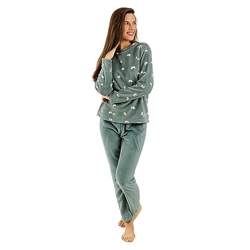 TRAMAS+ Pijama Coral Mujer para Invierno Suave y Calentito, Conjunto de Pijama Súper Cómodo para Dormir y Estar en Casa - (L, Tabitha Verde Frances)
